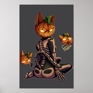 Poster Gato Esqueleto Cabeça de Abóbora Gótica Halloween
