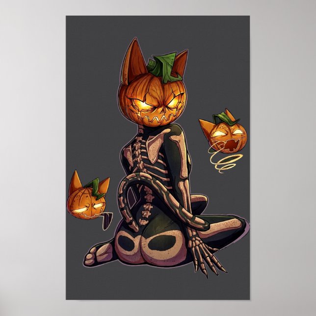 Poster Gato Esqueleto Cabeça de Abóbora Gótica Halloween (Frente)