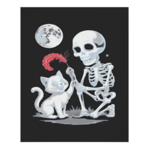Pôster Gato Esqueleto Halloween Divertido Fofo Assustador