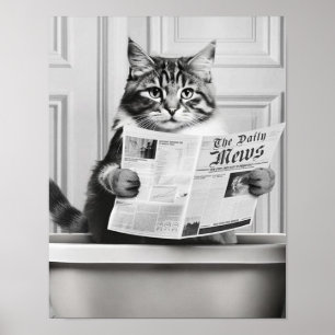 Poster Gato está sentado no vaso sanitário, gato lendo no