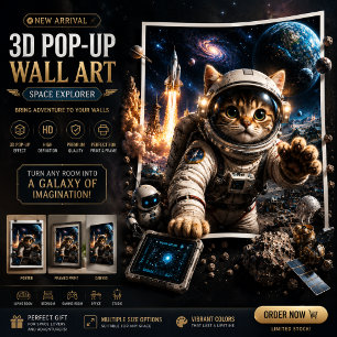 Poster Gato Explorador Espacial Arte de Parede 3D Pop-Up