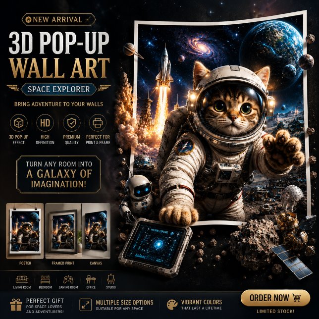 Poster Gato Explorador Espacial Arte de Parede 3D Pop-Up (Criador carregado)