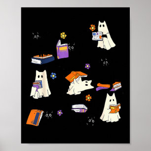 Poster Gato Fantasma Fofo Amante de Ler Livros Halloween