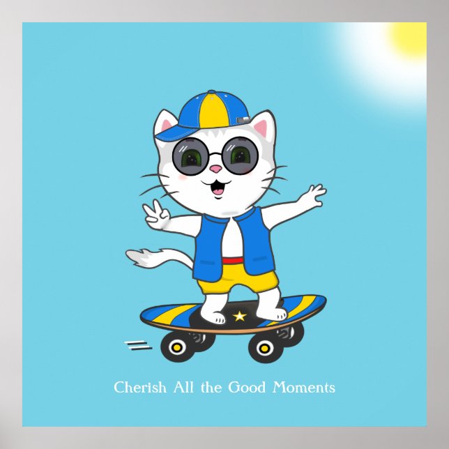 Poster Gato Feliz de Patre Vestido em Azul e Amarelo. (Frente)