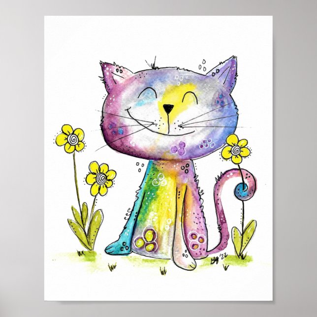 Poster Gato Feliz e Bonito com Flor Amarelo (Frente)