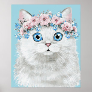 Poster Gato Floral Branco Doce