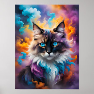 Poster Gato Fluffy Majestoso com Olhos Azuis Piercing