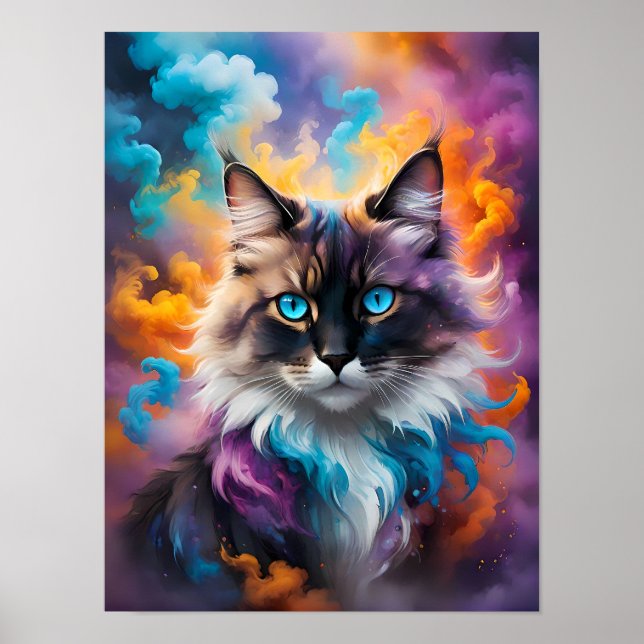Poster Gato Fluffy Majestoso com Olhos Azuis Piercing (Frente)