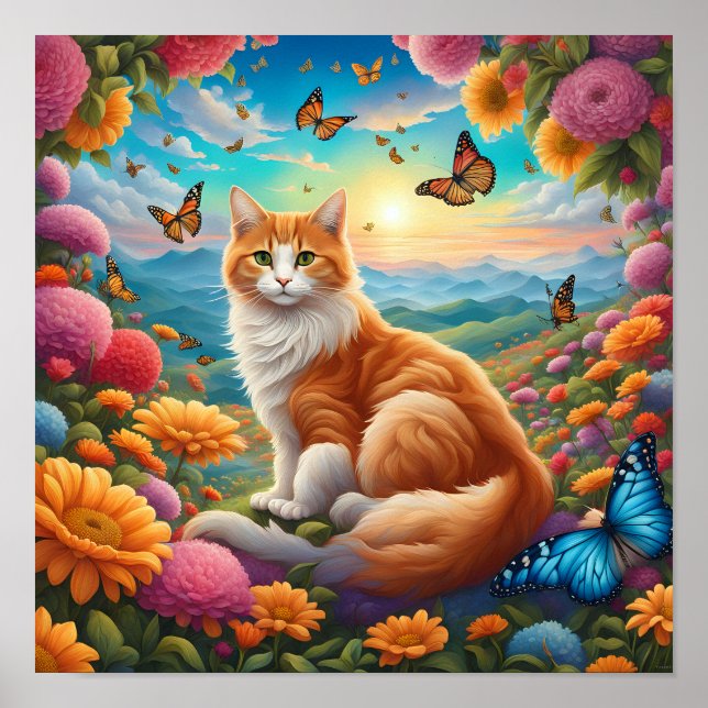 Poster Gato Fluffy Sentado num Campo de Flores (Frente)