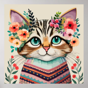 Poster Gato Fofo Aquarela Floral