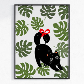 Poster Gato Fofo Com Folhas de Monstera de Laço