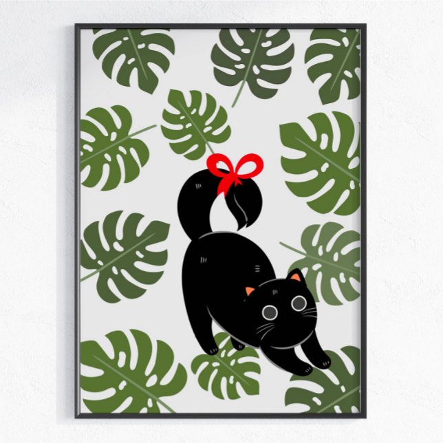 Poster Gato Fofo Com Folhas de Monstera de Laço (Criador carregado)