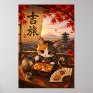 Poster Gato Fofo de Anime Japonês Quimono Monte Fuji Outo