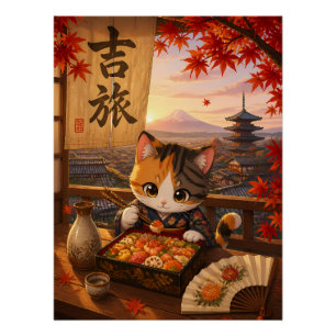 Pôster Gato Fofo de Anime Japonês Quimono Monte Fuji Outo
