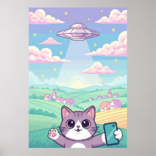 Poster Gato Fofo de Arte Pixel com OVNI no Céu Pastel Kaw