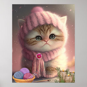 Poster Gato Fofo de Chapéu e Cachecol de Tricô Rosa Arte