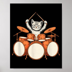 Poster Gato Fofo Tocando Bateria Kit de Baterista Engraça