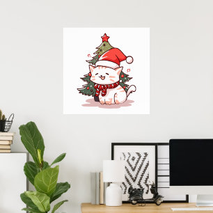 Poster Gato fofo vestindo chapéu de Papai Noel perto da á
