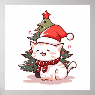 Poster Gato fofo vestindo chapéu de Papai Noel perto da á