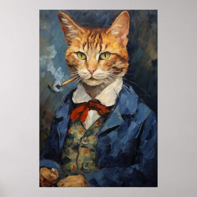Poster gato fumando cachimbo impressão, pintura de gatos (Frente)