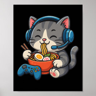 Poster Gato Gamer Comendo Ramen - Amante de Jogos de Cons
