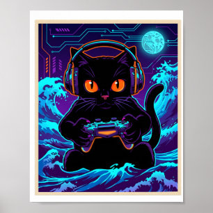 Poster Gato Gamer Divertido Arte Retro Neon Noturno de Jo