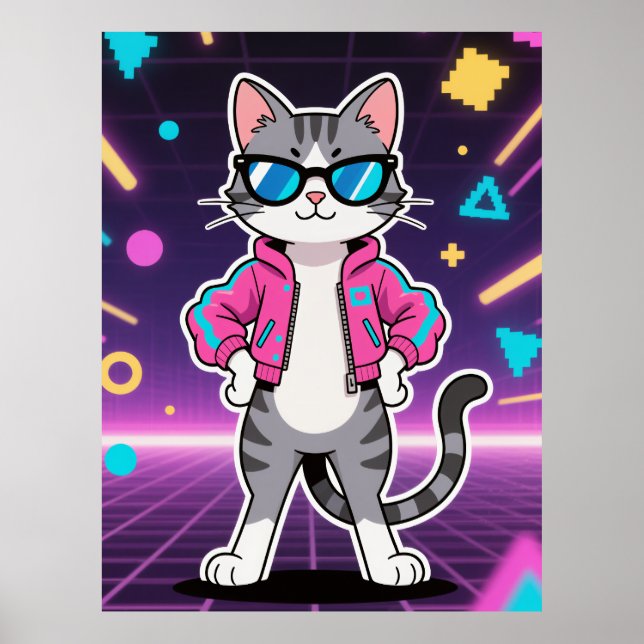Poster Gato Gamer Incrível e Legal de Estilo Retrô (Frente)