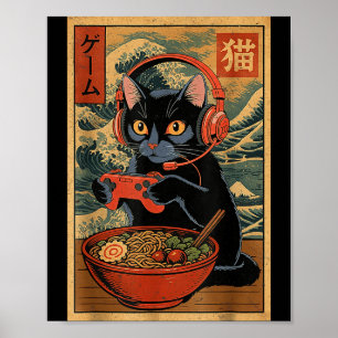 Poster Gato Gamer Kawaii Fofo Ramen Retro Japonês Engraça