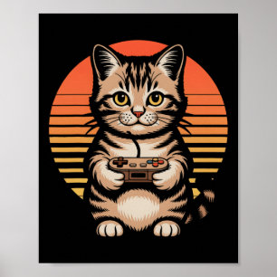 Poster Gato Gamer Pôr do Sol Retro Kit de Gamepad Gatinho