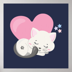 Poster Gato Gatinho Doce Dormindo com um Coração Grande