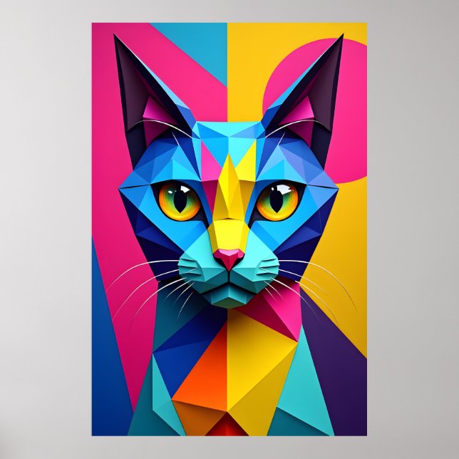 Poster Gato Geométrico em Arte Pop 3D (Frente)