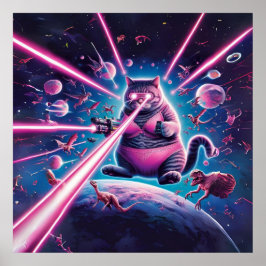 Poster Gato gigante engraçado e dinossauros no espaço