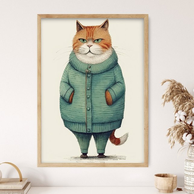 Poster Gato Ginger Bonito em Suéter Verde, Gato Engraçado (Criador carregado)
