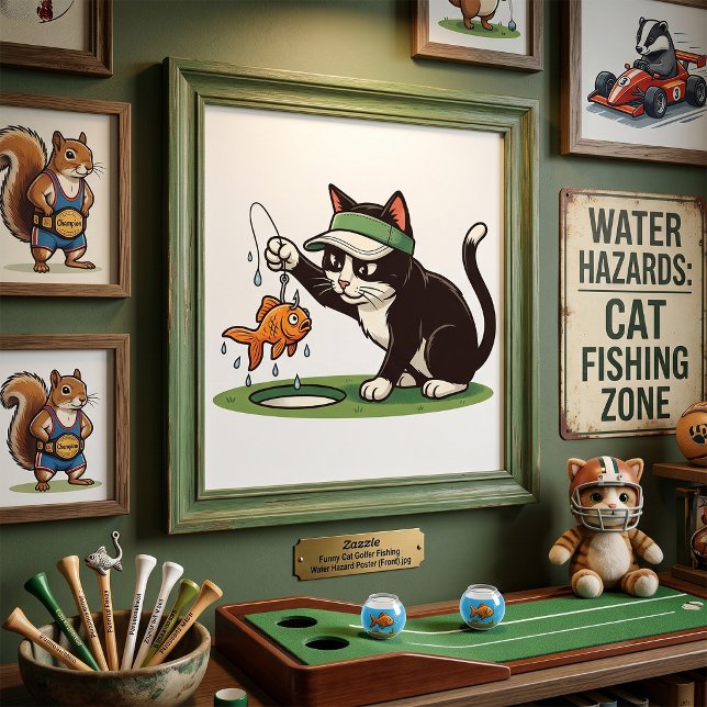 Poster Gato Golfeiro Engraçado Pescando em Obstáculo de Á (Criador carregado)