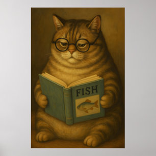 Poster Gato Gordo Lendo Livro, Cartaz Vintage, Cartaz de
