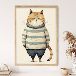 Poster Gato Gordo Ruivo Com Suéter Azul, Decoração de Gat