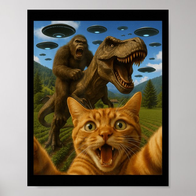 Poster Gato Gráfico Engraçado Selfie Com T-rex Andando Pé (Frente)