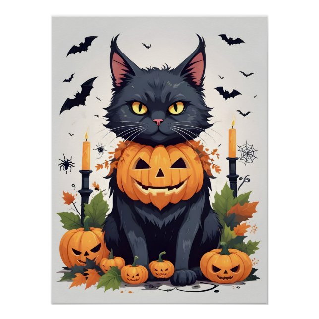 Pôster Gato Halloween Bela Cartografia Animal Engraçada A (Frente)