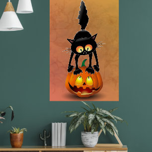 Poster Gato Halloween Caricatura Assustada na Pumpkin
