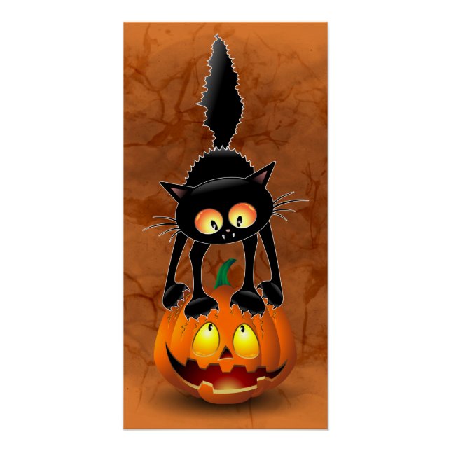 Pôster Gato Halloween Caricatura Assustada na Pumpkin (Frente)