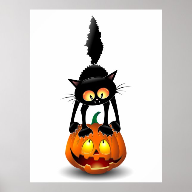 Poster Gato Halloween Caricatura Assustada na Pumpkin (Frente)