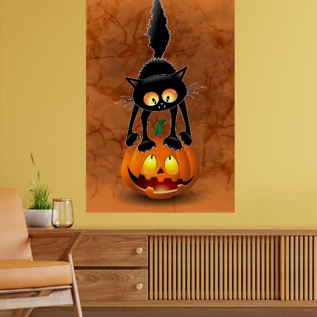 Poster Gato Halloween Caricatura Assustada na Pumpkin (Sala de Estar 2)