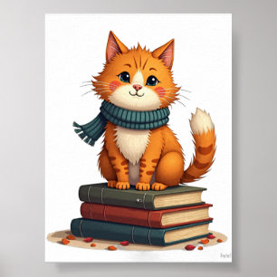 Poster Gato Introvertido Lendo Livros Outono Aconchegante