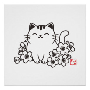 Pôster Gato japonês bonito e Sakura com Carimbo Neko