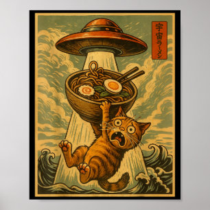 Poster Gato Japonês Engraçado Ramen Ufo Anime Homens Mulh