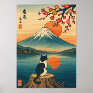 Poster Gato Japonês Observando o Monte Fuji Sunset