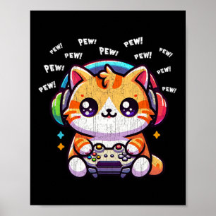 Poster Gato Jogador Pew Vídeo Games Engraçados Vintage Ho