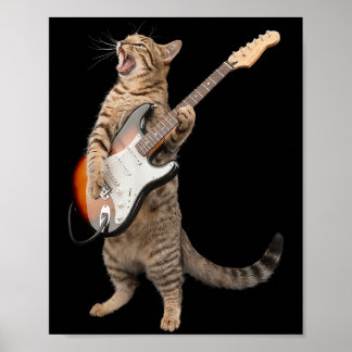 Poster Gato Jogando Guitarra Camisas Homens Rocham E R