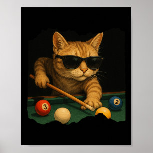 Poster Gato Jogando Piscina Bilhar No Salão Legal Engraça