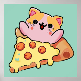 Poster Gato Kawaii Abraçando Pizza de Pepperoni Cartoon